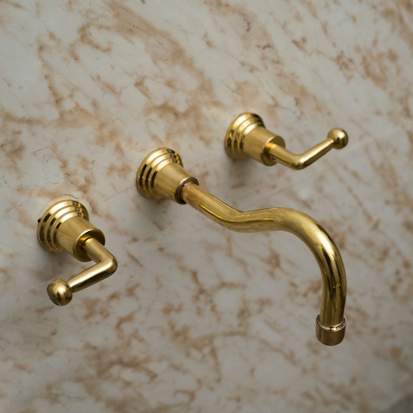 Unlacquered Brass Wall Mount Bathroom Faucet with Lever Handles