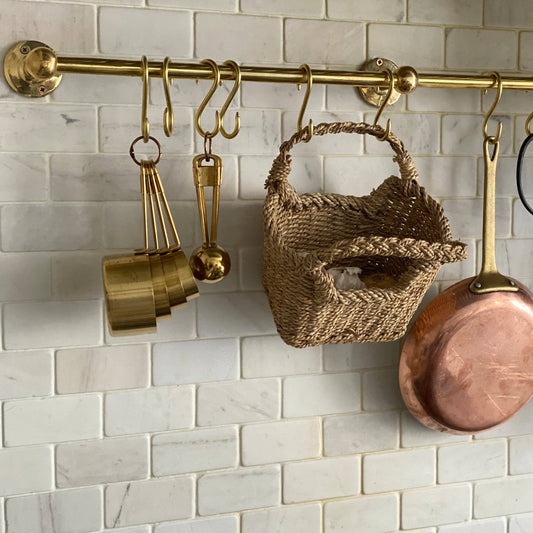 Unlacquered Brass Wall Mounted Pot Rack With Hooks